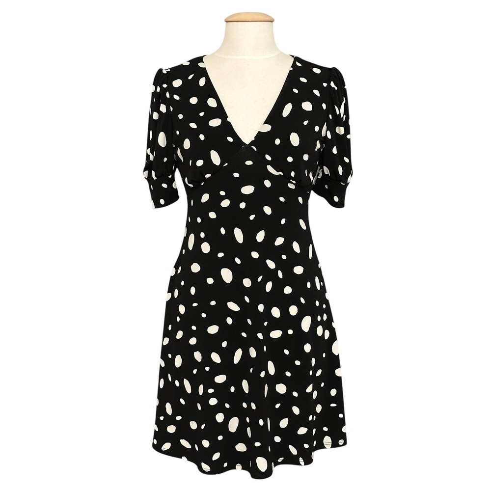 Gilli Womens Black White Polka Dot V-Neck Puff Sleeve Fit & Flare Dress Small